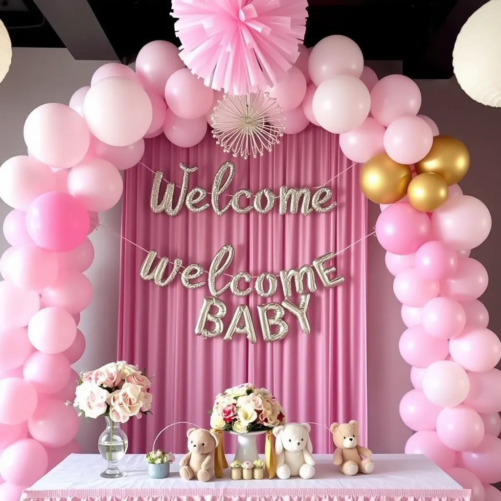 Balloon arches in shades of pink, white, and goldFloral centerpieces with roses, peonies, or baby's breathTulle pom-poms hanging from the ceilingA "Welcome Baby" banner in glittery lettersStuffed animals as table decorationsBaby Girl Shower Ideas