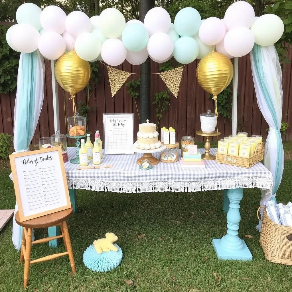  Baby Shower Games Ideas a table with balloons and a sign on it 