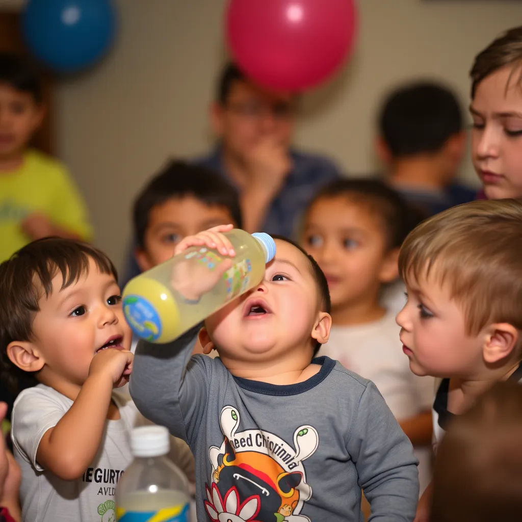 a group of children drinking from a bottle Baby Bottle Chugging Contest