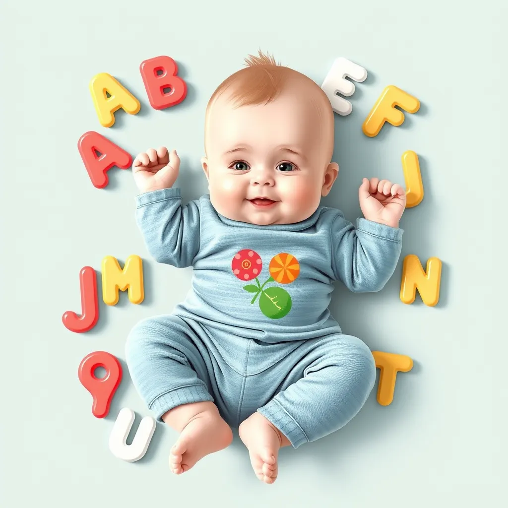 a baby lying on a bed of letters, Baby Item Alphabet Game, baby shower games ideas