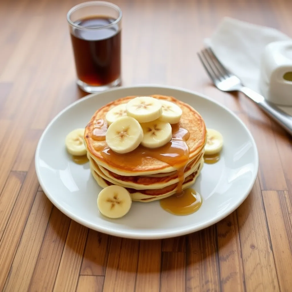 a stack of pancakes with bananas and syrup on a plate, baby pancake recipes