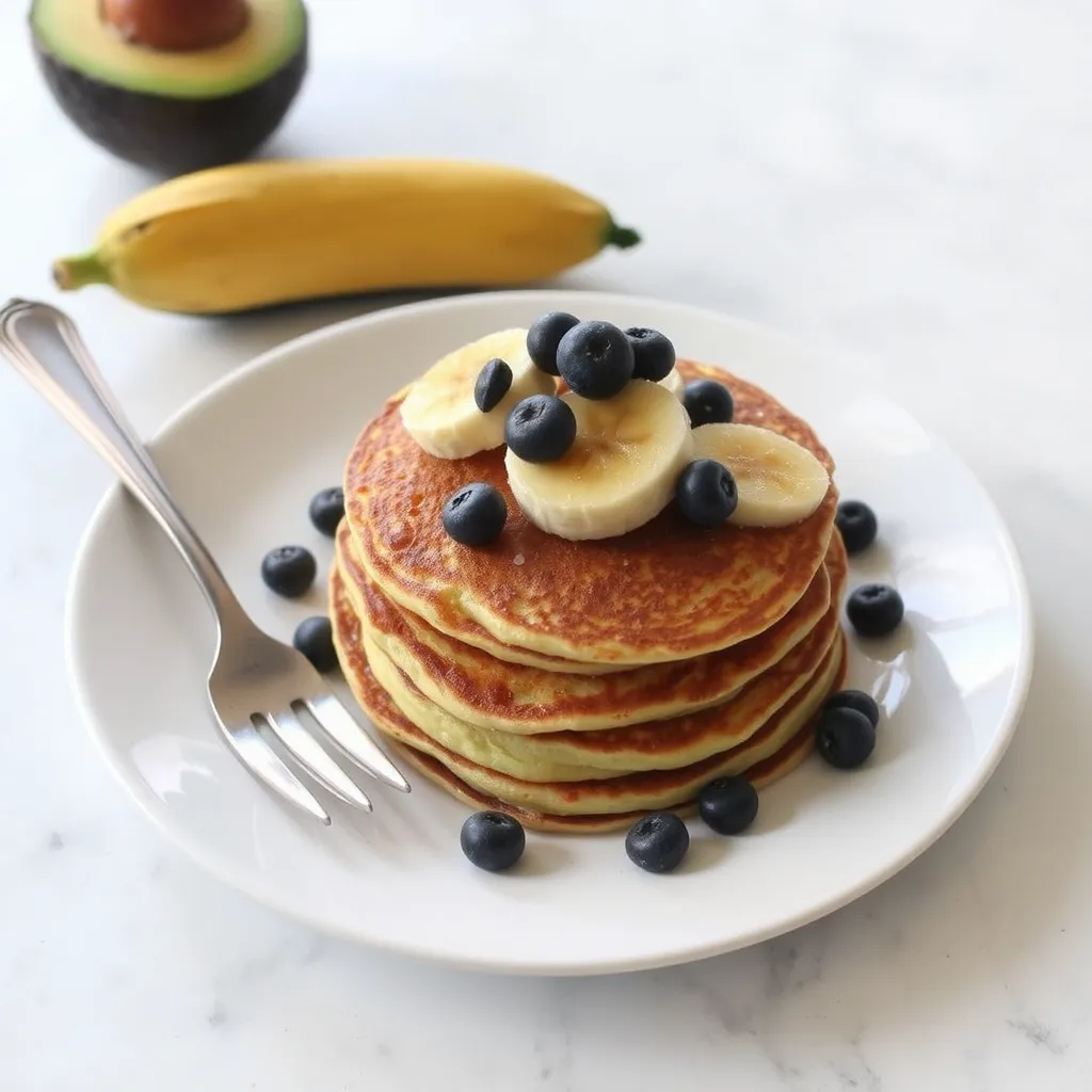 a stack of pancakes with bananas and blueberries on top