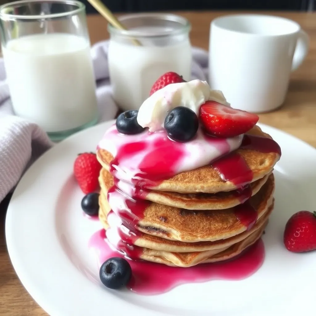 a stack of pancakes with fruit syrup and whipped cream