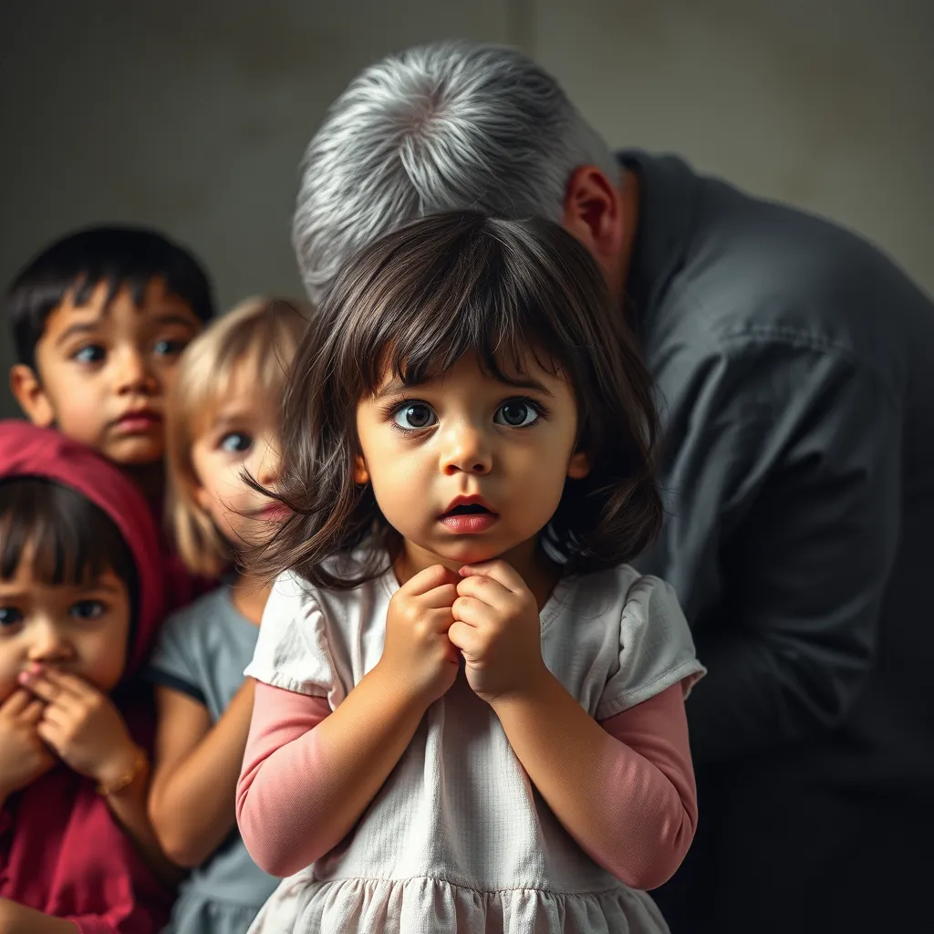 a group of children standing next to a man, Children Fearful of Parents