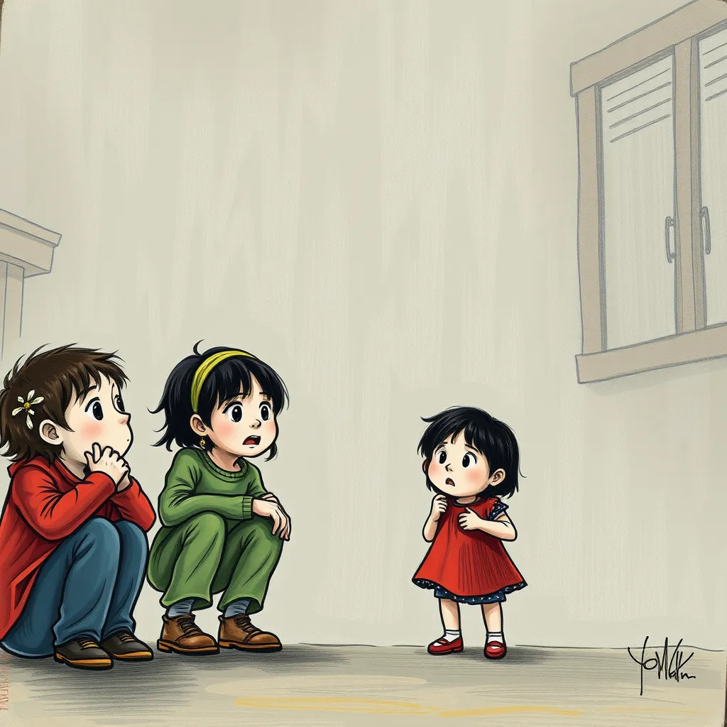 a cartoon of a group of children, Children Fearful of Parents