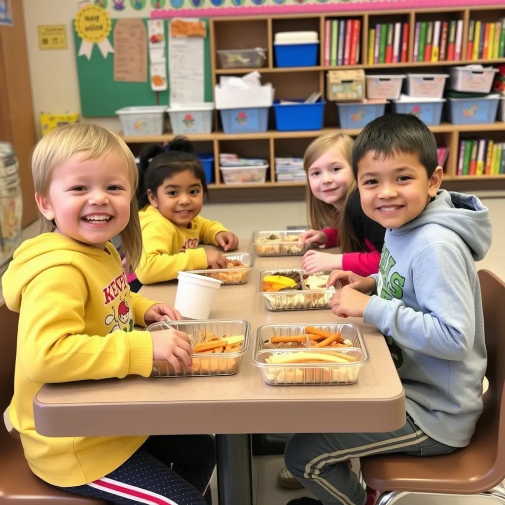 a group of children sitting at a table eating food, lunch for kindergartners