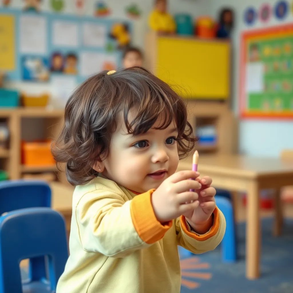 Child exploring a kindergarten classroom, first day of kindergarten