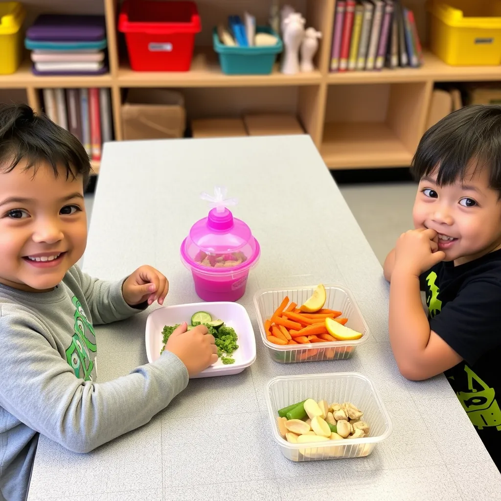 two children eating vegetables at a table, lunch for kindergartners