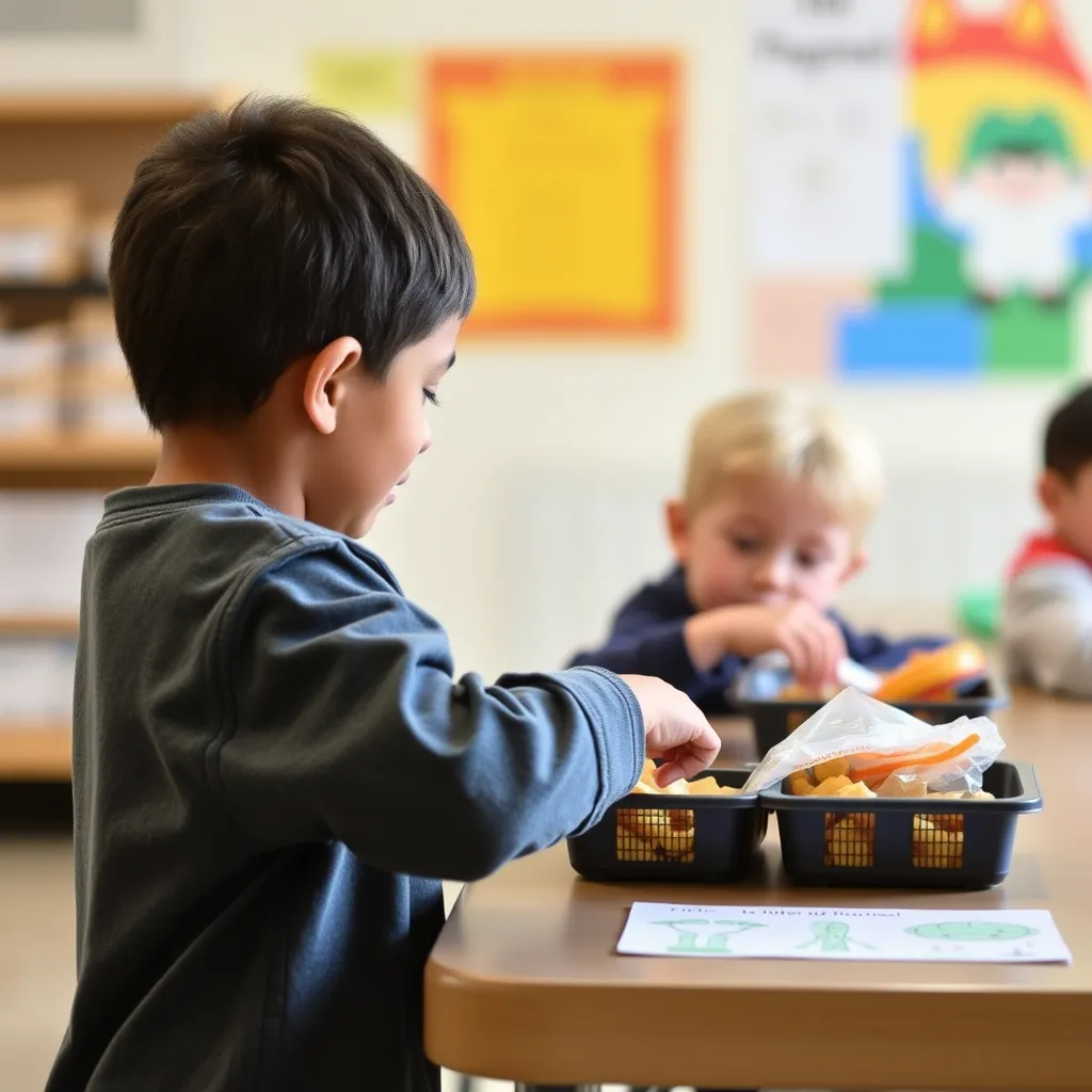 a boy eating food at a table, lunch for kindergartners