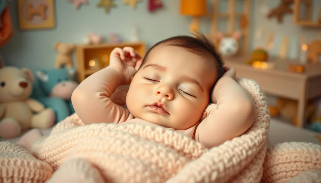 baby sleeping with hands behind the head