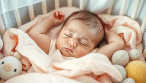 baby sleeps with his hands behind his head