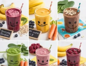 Colorful kid-friendly superfood smoothies in glasses with fruits and greens.