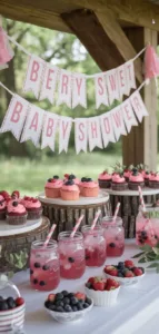 Berry sweet baby shower theme ideas with decorations and treats.