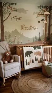 Cozy rustic woodland nursery with natural decor and soft colors for babies.