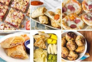 Various school lunch ideas for kids including sandwiches, fruits, and snacks.