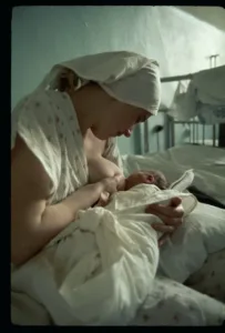 Vintage breastfeeding photo showcasing love and strength of motherhood.