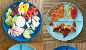 A colorful plate of healthy toddler dinner ideas with veggies and protein.