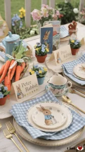Decorative elements from a Peter Rabbit baby shower themed celebration.