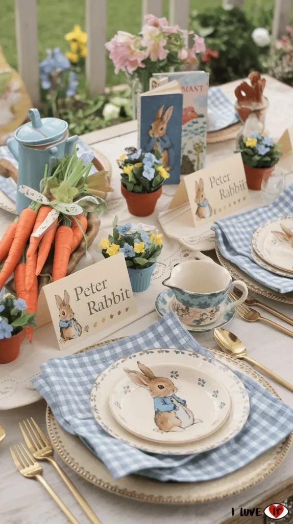 Decorative elements from a Peter Rabbit baby shower themed celebration.