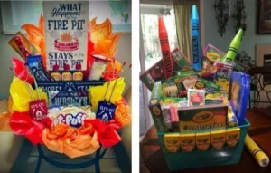 Various creative raffle gift baskets displayed for fundraising purposes.