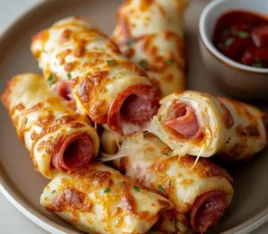 Delicious homemade cheesy pepperoni pizza roll ups served on a plate.