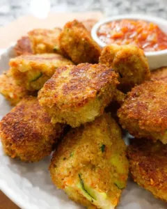 Plate of crispy chickpea vegetable nuggets served with dipping sauce.