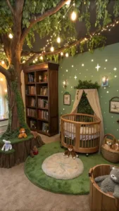 Creative storage solutions for a charming cottagecore nursery design.