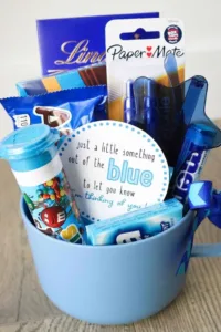 DIY blue gift basket with creative ideas and free printable tags