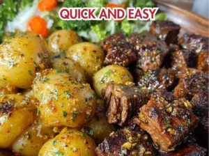 Delicious garlic butter steak bites and potatoes cooked in a slow cooker