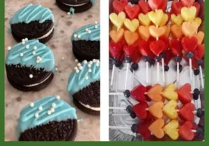 A spread of colorful baby shower appetizers including cute snacks and luncheon ideas.