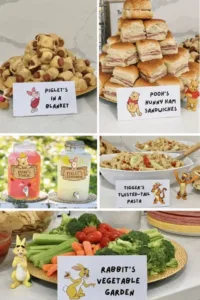 Winnie the Pooh baby shower decorations and themed party setup.