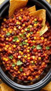 Kid-friendly taco chili in a bowl with toppings
