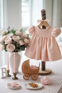 Pink boho baby shower decoration with rustic elements and floral themes
