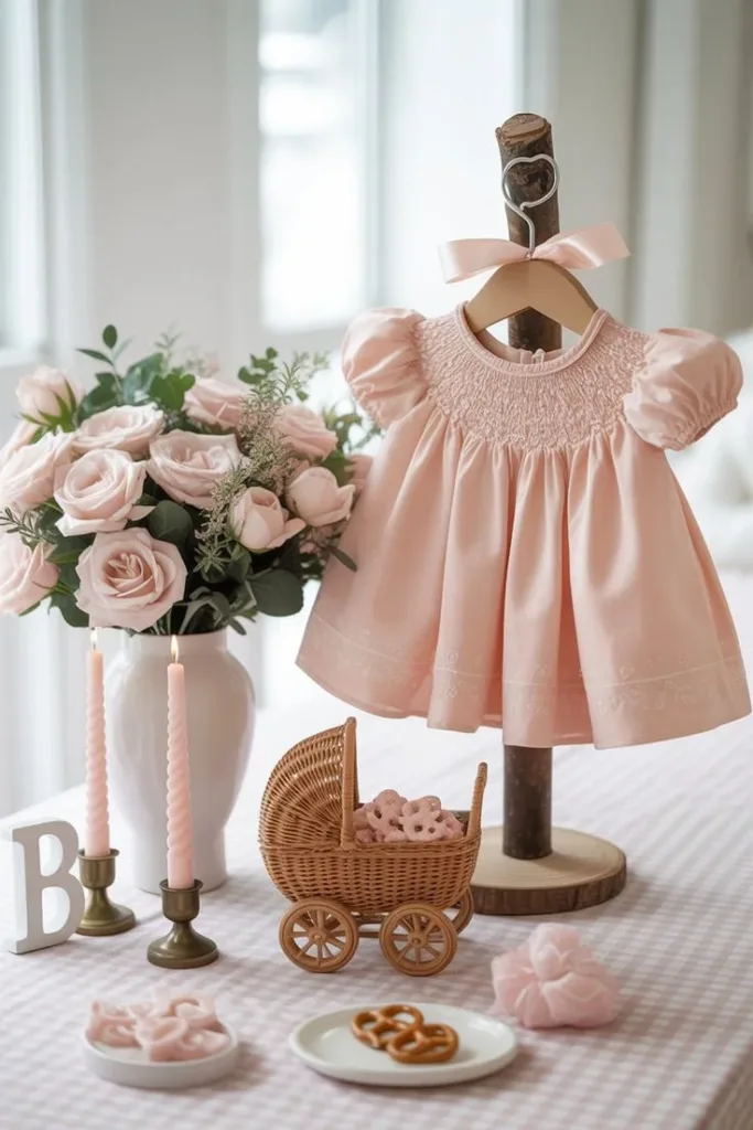Pink boho baby shower decoration with rustic elements and floral themes