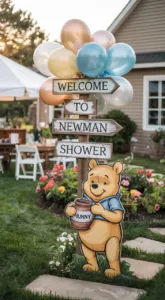 Red and yellow Winnie The Pooh baby shower decorations and theme