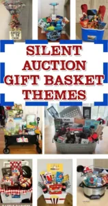 Colorful reunion auction baskets filled with themed gifts and surprises.