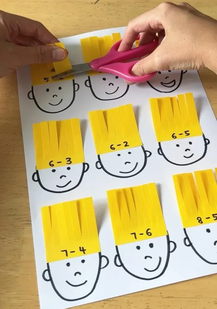 Subtraction haircut technique demonstrated with sticky notes for visual guidance.