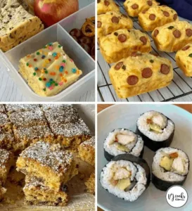 Assorted lunch box fillers including fruits, nuts, and sandwiches.