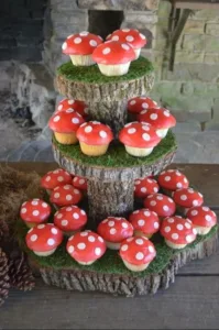 Woodland baby shower setup with decorations, cake, and nature-inspired elements.