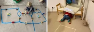 Toddlers engaging in indoor gross motor activities with toys and games.
