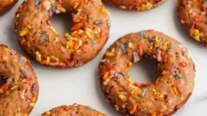 Delicious banana oat baked donuts topped with chocolate glaze