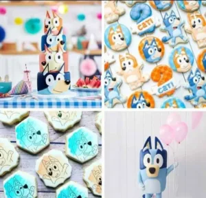 Colorful Bluey-themed desserts, cakes, and cookies for kids parties