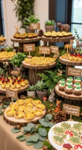 Woodland baby shower decorations with forest theme decor and cute animals.