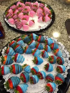 Colorful treats and drinks for a gender reveal party celebration