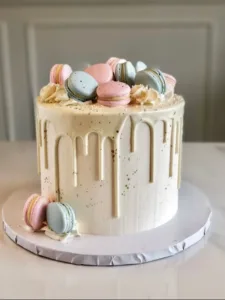 Elegant macaron cake centerpiece for a baby reveal shower celebration