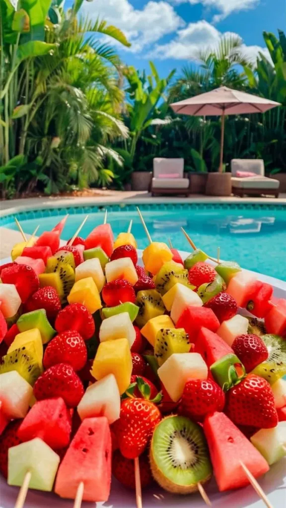 Colorful finger foods and snacks for a kids' pool party