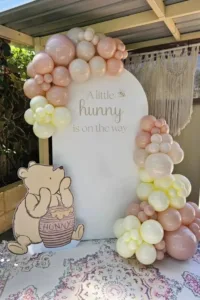 Pooh bear baby shower decoration featuring 'A little hunny is on the way' sign.