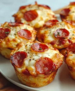 Homemade pizza cupcakes served on a plate, a fun dinner option for families.