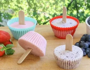 Healthy fruity yogurt pops in eco-friendly molds perfect for kids