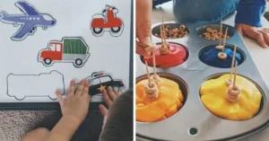 Toddler playing with hands-on learning activities at home for development